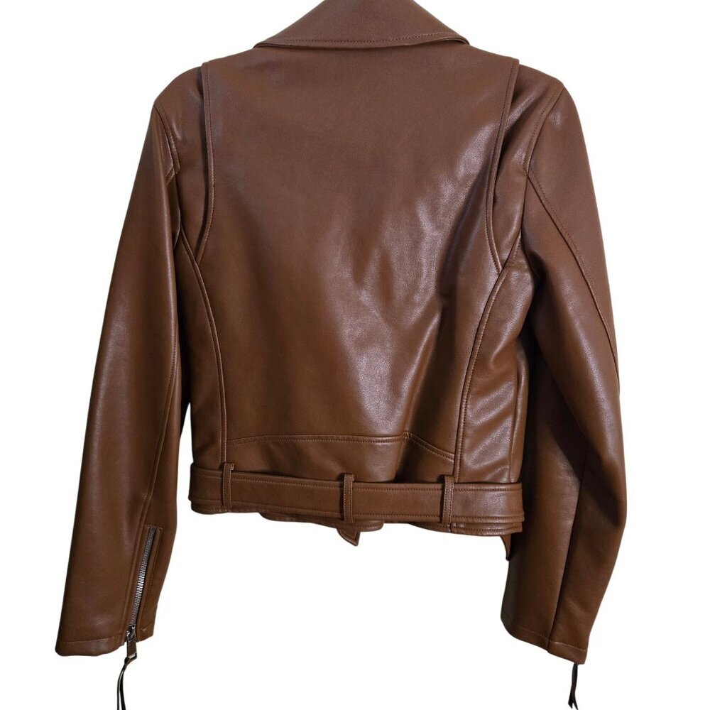 Rebecca Minkoff Faux Leather Cognac Brown Moto Jacket Belted Biker Size S - Picture 3 of 7